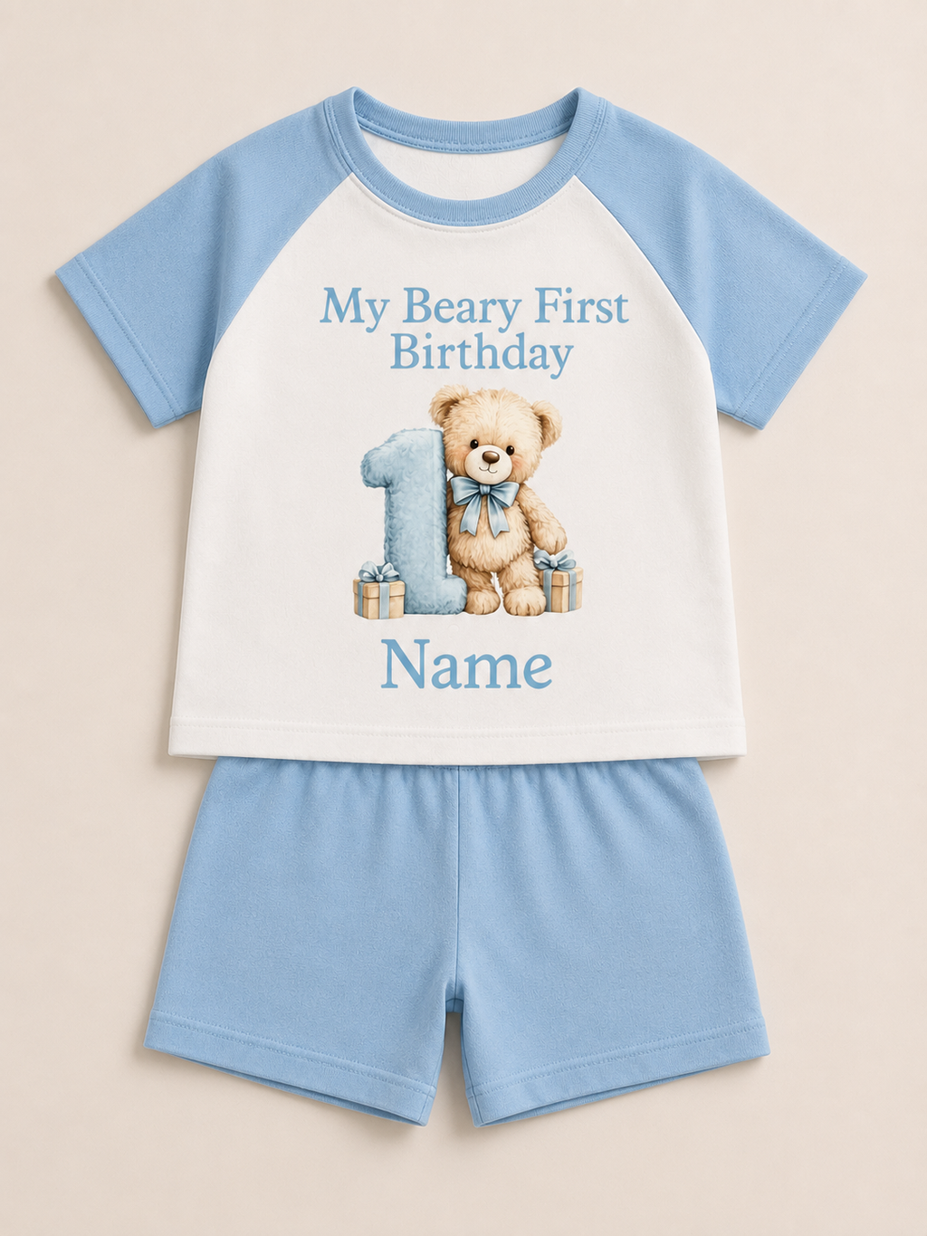 My Beary First Birthday personalised short pyjama set in blue
