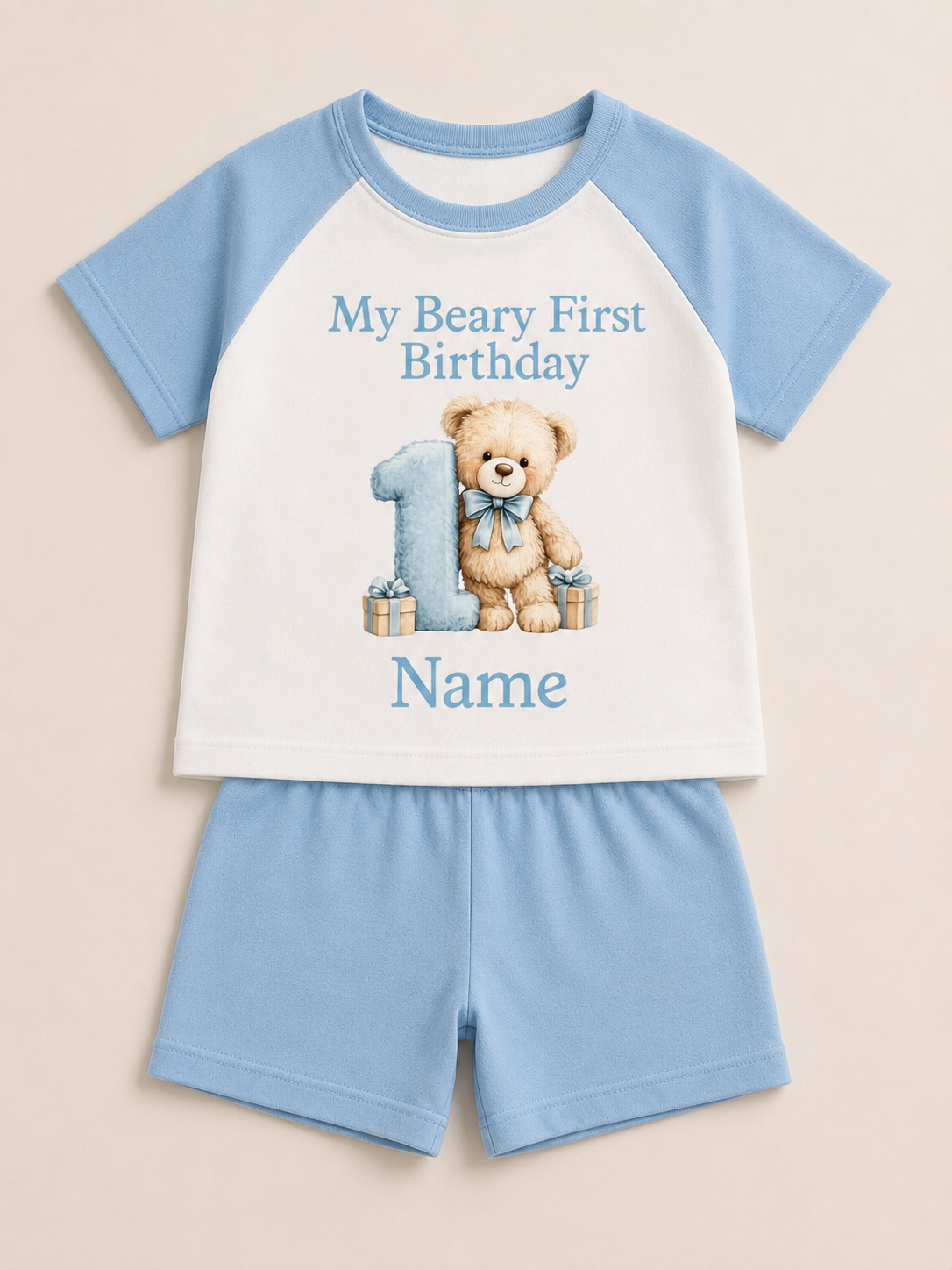 My Beary First Birthday personalised short pyjama set in blue