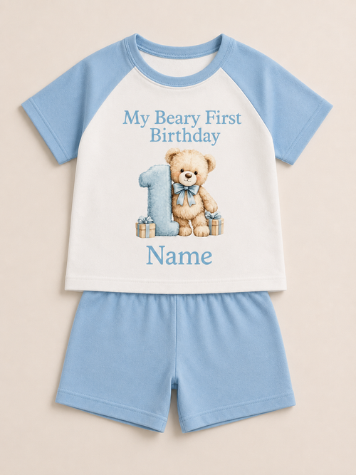 My Beary First Birthday personalised short pyjama set in blue