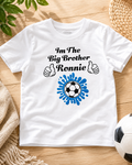 Personalised I'm The Big Brother white kids t-shirt with football splash design and name Ronnie in bold black print