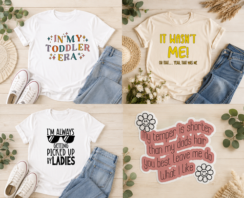 Four funny slogan kids t-shirts: In My Toddler Era, It Wasn't Me, I'm Always Getting Picked Up By Ladies, and My Temper Is Shorter Than My Dads Hair