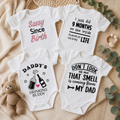 Four funny slogan baby bodysuits: Sassy Since Birth, I Just Did 9 Months on the Inside, Daddy's Drinking Buddy, and Don't Look at Me That Smell is Coming From My Dad