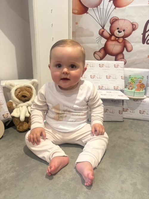 Personalised birthday pyjama top close up with teddy bear design