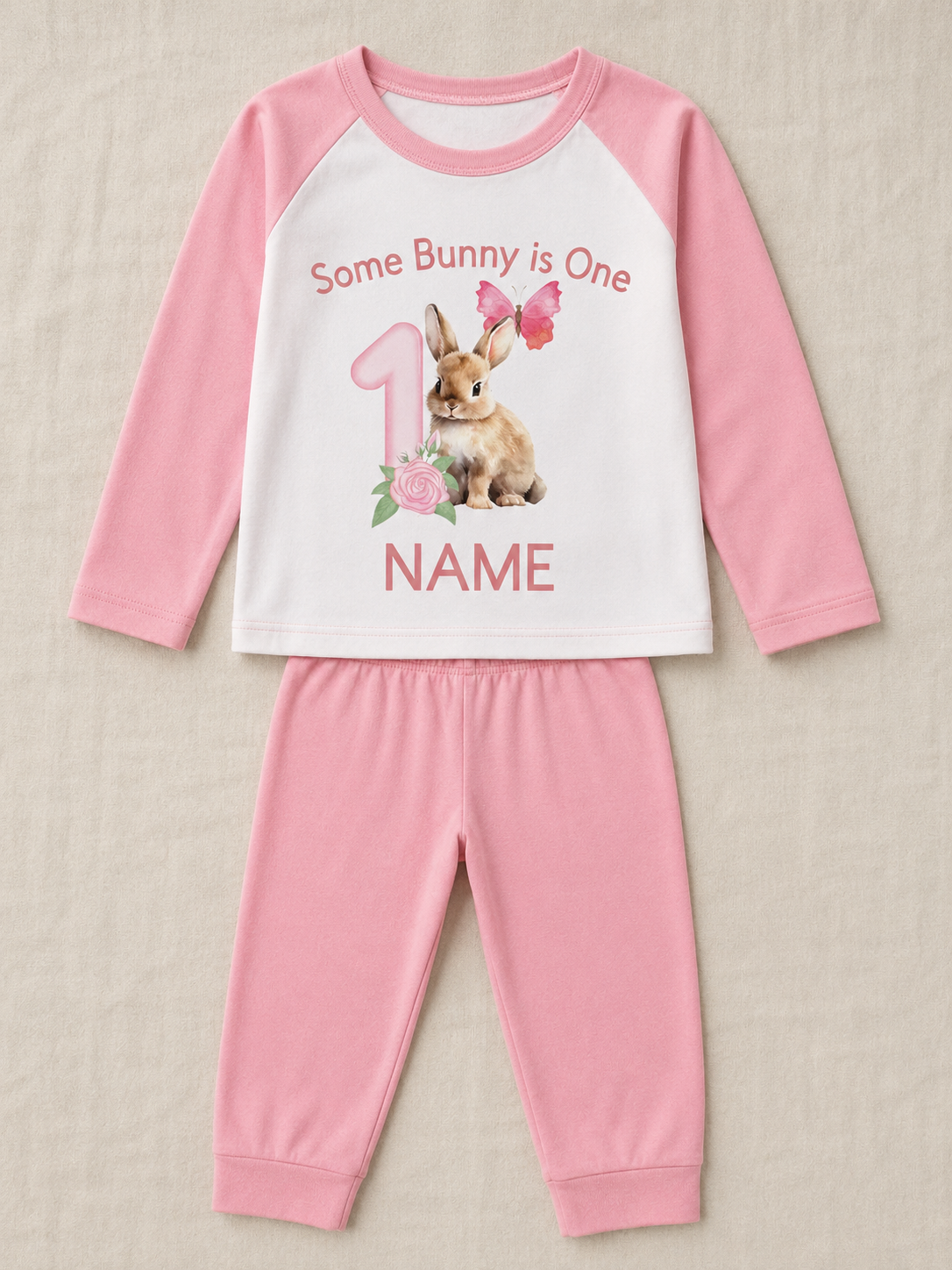 Some Bunny is One personalised short pyjama set in pink