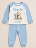 My Beary First Birthday personalised long pyjama set in blue