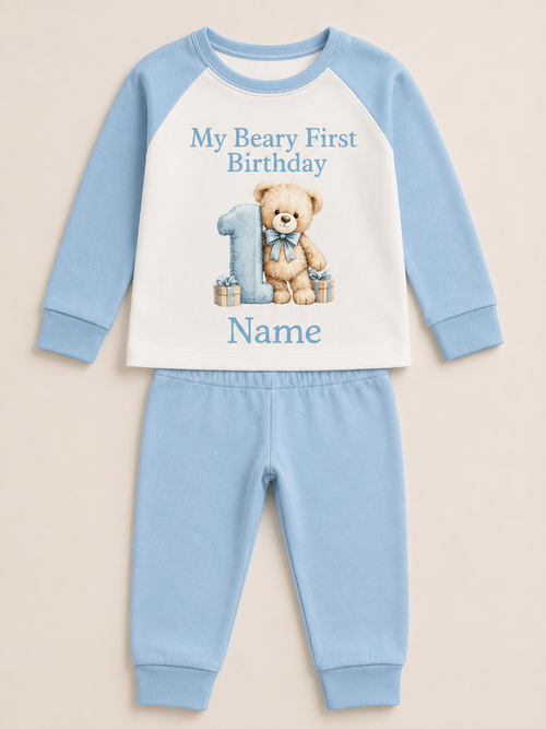My Beary First Birthday personalised long pyjama set in blue